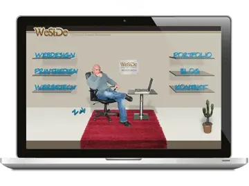 Laptop mit Website eines Webentwicklers - mittig der Webentwickler vor seinem Laptop, seitlich Regale als Navigationselemente.