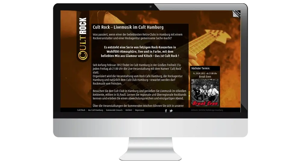 Laptop mit geöffneter Veranstaltungs-Website - Gitarrist mit E-Gitarre und Feuer im Hintergrund - CultRock-Logo und dunkel überlagerte Textflächen im Vordergrund.