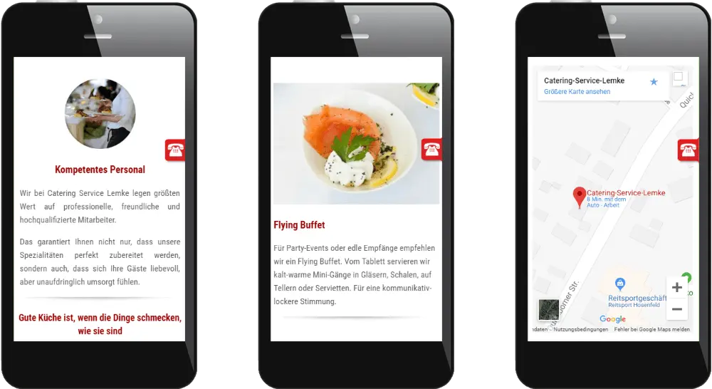 3 Smartphones mit dem mobilen Webdesign des Catering Service aus Hamburg