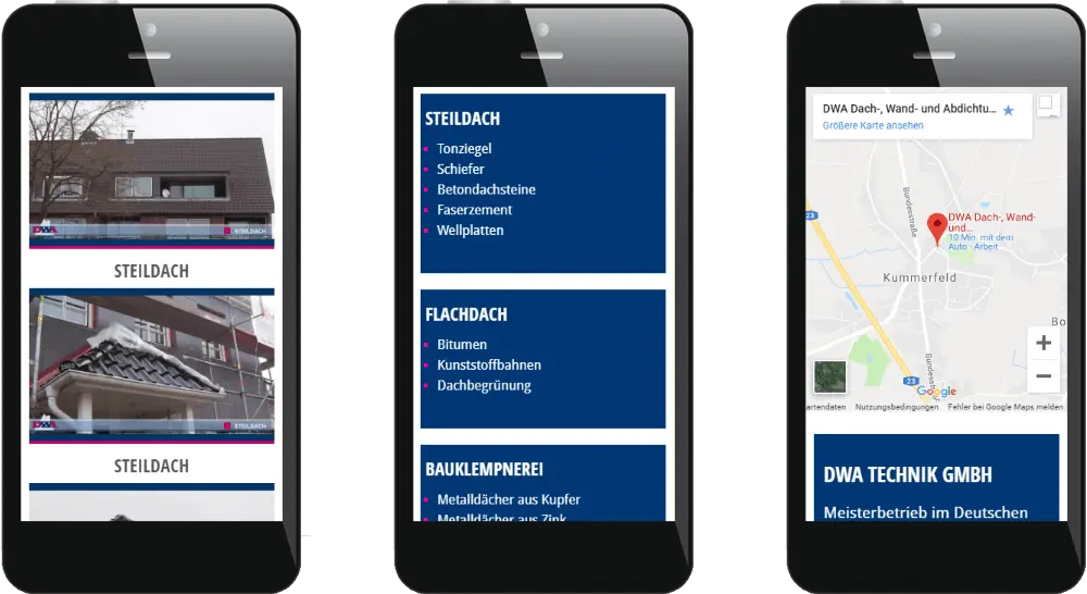 3 Smartphones mit Darstellung des Webdesigns der Referenzseite, Leistungsseite und Kontaktseite der Dachdecker-Firma
