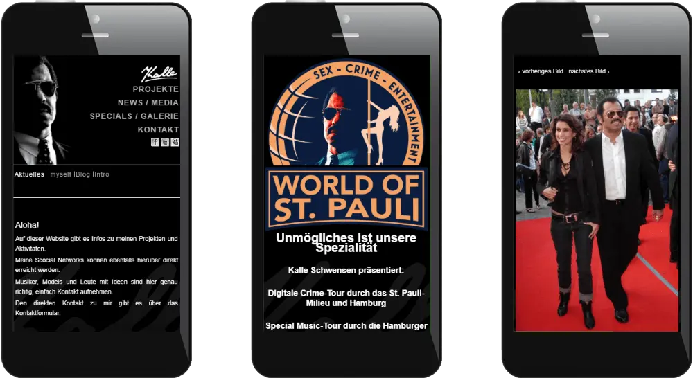 3 Smartphones auf denen Webseiten der Kalle Schwensen-Homepage abgebildet sind - links die Startseite in schwarz mit Bild von Kalle Schwensen - mittig Informationen über Kalles Projekt 