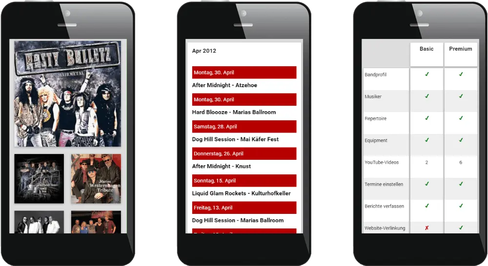 3 Smartphones mit dem Webdesign der Musikagentur 