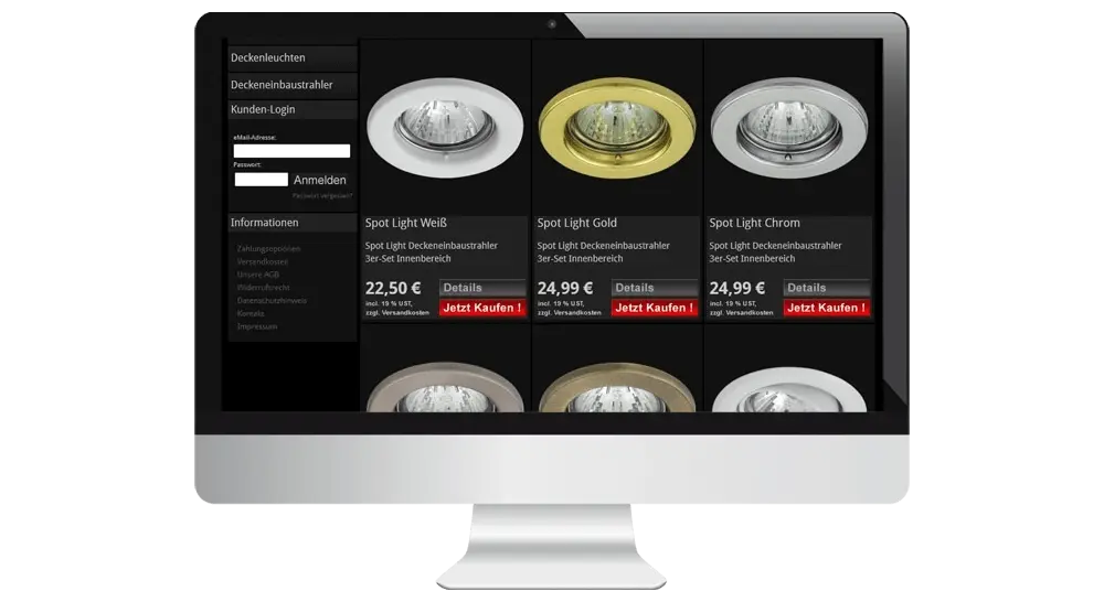 Bildschirm mit Halogenstrahler-Sortiment des Leuchten-Handels. 6 Strahler mit Kurzbeschreibung und Preis.