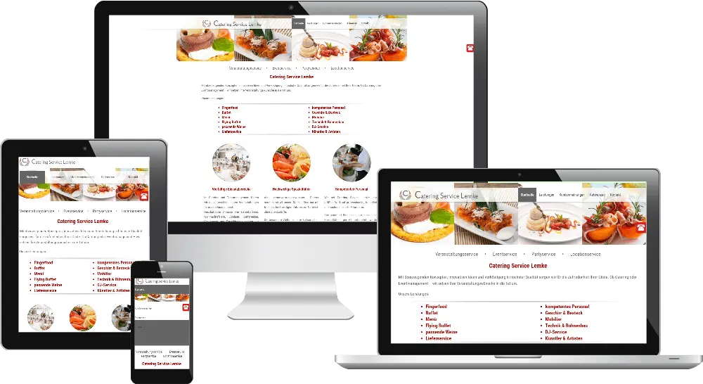 PC-Bildschirm, Laptop, Tablet-PC und Smartphone, auf denen das Webdesign der Homepage des Catering Service Lemke dargestellt wird.
