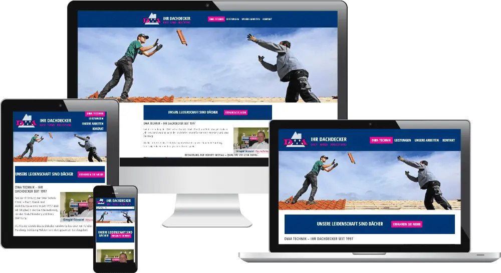 Verschiedene Bildschirme auf dem das Responsive Webdesign der Firma DWA Dachdecker abgebildet ist