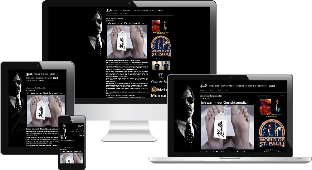 Desktop-PC-Bildschirm, Laptop, Tablet-PC und Smartphone auf denen das Webdesign der Rotlichtgröße Kalle Schwensen abgebildet wird.