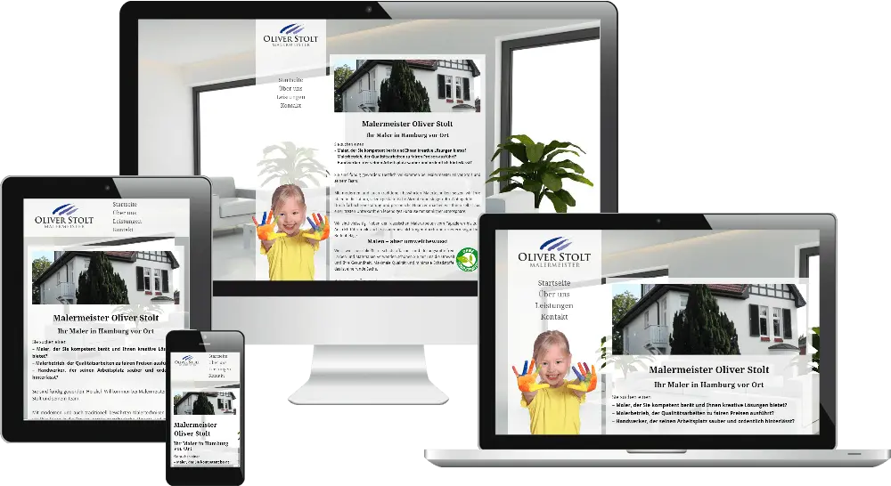 PC, Laptop, Tablet-PC und Smartphone auf denen das Responsive Webdesign der Malerfirma Stoldt abgebildet ist.