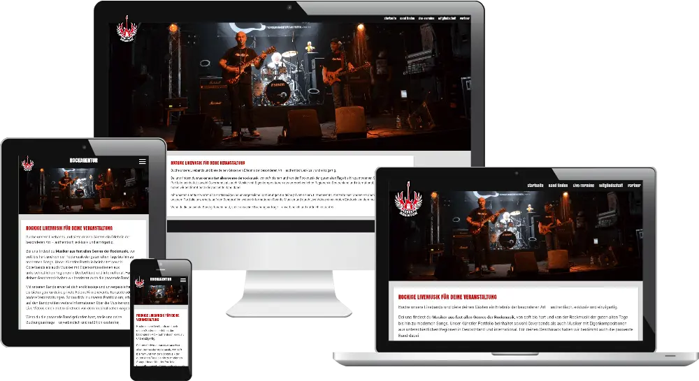 PC-Bildschirm, Laptop, Tablet und Smartphone auf denen die Website der Musikagentur 