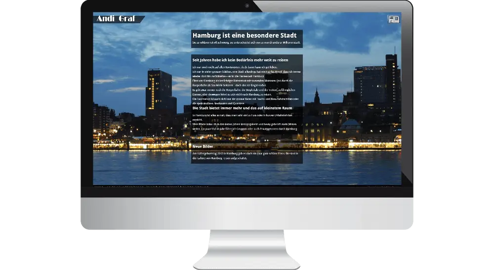 Webdesign der privaten Homepage von Andi Graf. Im Hintergrund ein Foto von der Hansestadt Hamburg in Abend-Dämmerung, im Vordergrund dunkel unterlegte Textflächen mit Reiseberichten.