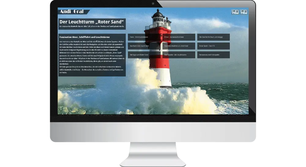 Webdesign der privaten Homepage von Andi Graf. Im Hintergrund der Leuchtturm Roter Sand, im Vordergrund dunkel unterlegte Textflächen und weiterführende Themenlinks.
