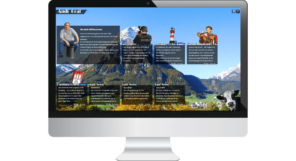 Webdesign der privaten Homepage von Andreas Graf. Im Hintergrund die Berglandschaft von Glarus, im Vordergrund die Hobbys und Themen des Homepage-Betreibers.