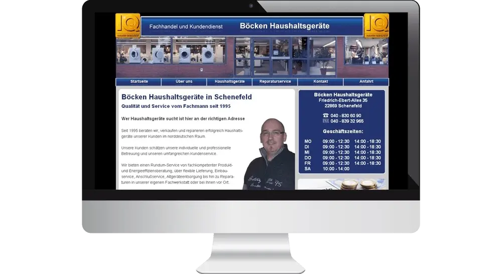 Website eines Elektrohandels mit Collage im Kopfbereich und Öffnungszeiten auf der rechten Seite