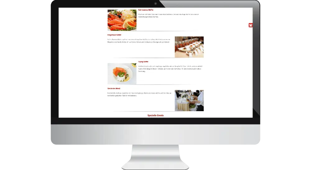 Bildschirm mit der Leistungs-Seite des Webdesigns vom Catering Service aus Hamburg