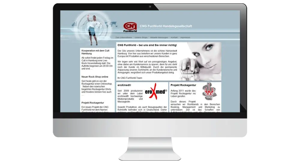 Bildschirm, auf dem das Webdesign der Handelsgesellschaft aus Hamburg angezeigt wird - graublauer Hintergrund mit weißen Textflächen