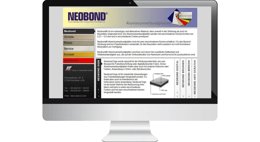 Webdesign des Aluverbund-Händlers mit Navigation links in Werkstoff-Farben und Slide-Boxen im Textbereich für Informationen zu den Produkteigenschaften.