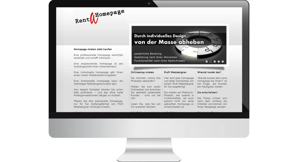 Bildschirm mit Website für Miet-Homepages. Grauer Hintergrund mit abgesetzten Bilder-Slider.