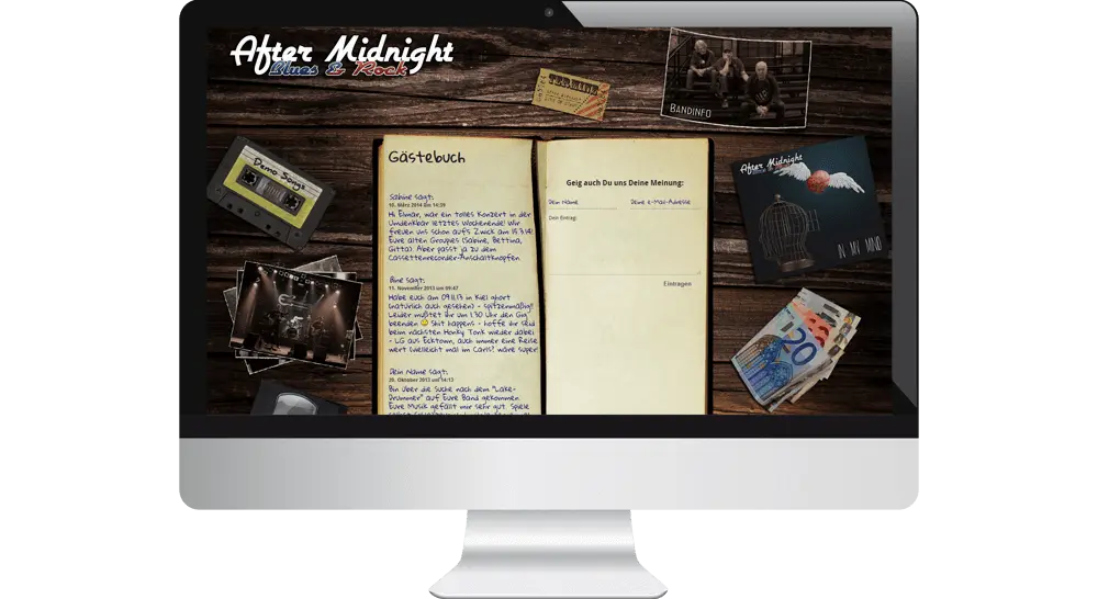 Vintage-Webdesign der Hamburger Rockband After Midnight - Holz-Hintergrund, Buch als Gästebuch und Tickets, Fotos, VHS-Kasette und Musikalbum als Menüpunkte.