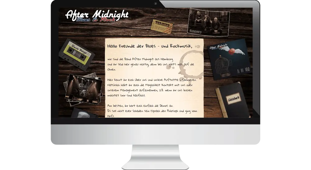 Webdesign der Rockband After Midnight aus Hamburg im Retro-Stil - rustikaler Holztisch im Hintergrund, Kasette, Fotos, CD und Notizbuch als Navigation.
