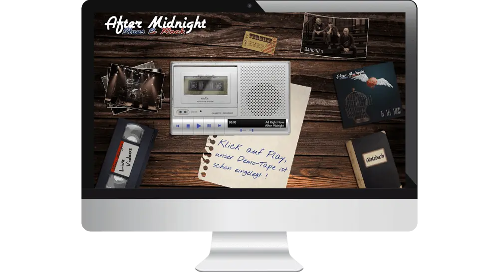 Originelle Musiker-Website in Retro/Vintage-Stil mit Kassetten-Recorder zum Abspielen von Hörproben der Band.