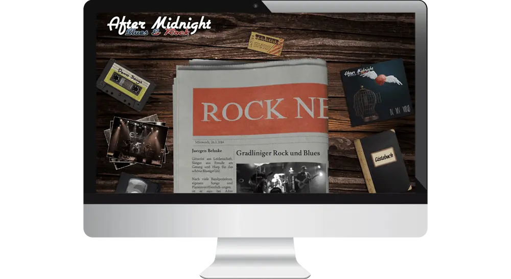 Ungewöhnliche Rockband-Website - News-Unterseite mit Abbildung einer Zeitung in der die aktuellen Meldungen dargestellt sind.