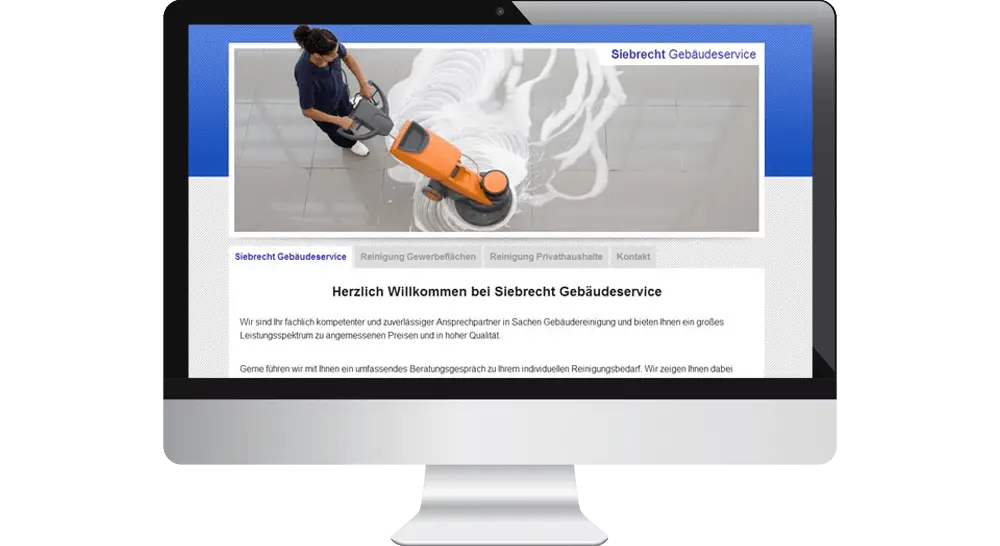 Bildschirm mit dem Webdesign der Reinigungsfirma aus Hamburg - Oben eine Reinigungskraft mit Reinigungsmaschine