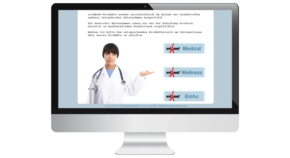 Desktop-Bildschirm mit einer Medizinerin, die auf Auswahl-Buttons mit Themenbereichen zeigt.