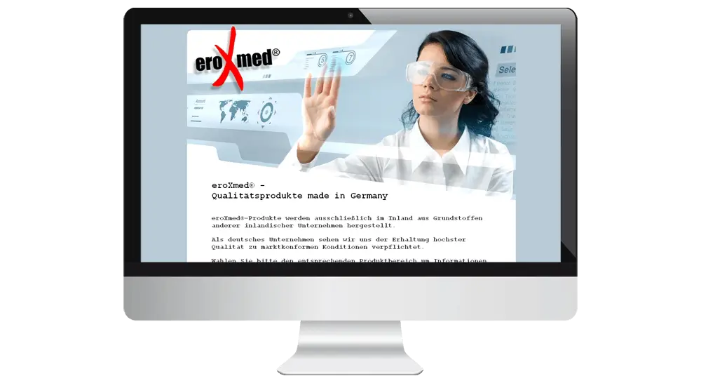 Desktop-Bildschirm mit Webdesign des Medizinprodukte-Herstellers eroXmed
