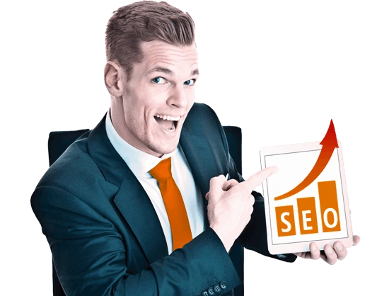 SEO Geschäftsmann der auf sein Tablet-PC zeigt, auf dem Erfolgssäulen mit der Beschriftung SEO und eine Erfolgskurve nach oben abgebildet ist