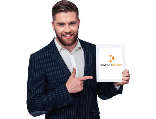 Webentwicklung Geschäftsmann mit Website auf Tablet-PC