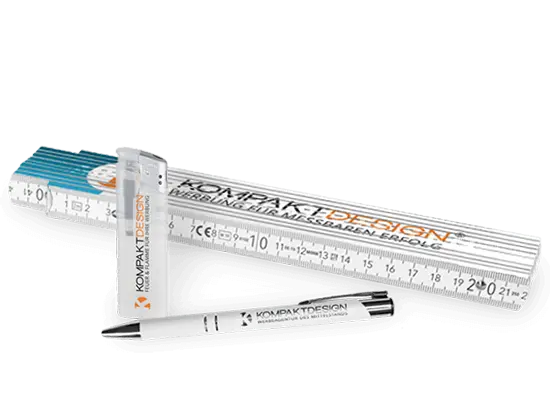 Zollstock, Feuerzeug und Kugelschreiber - veredelt mit Firmenlogo und Slogan